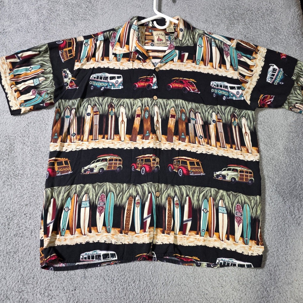 Island Collection Mens XL Hawaiian Shirt Black Surfboard Woodie Wagon VW Rayon